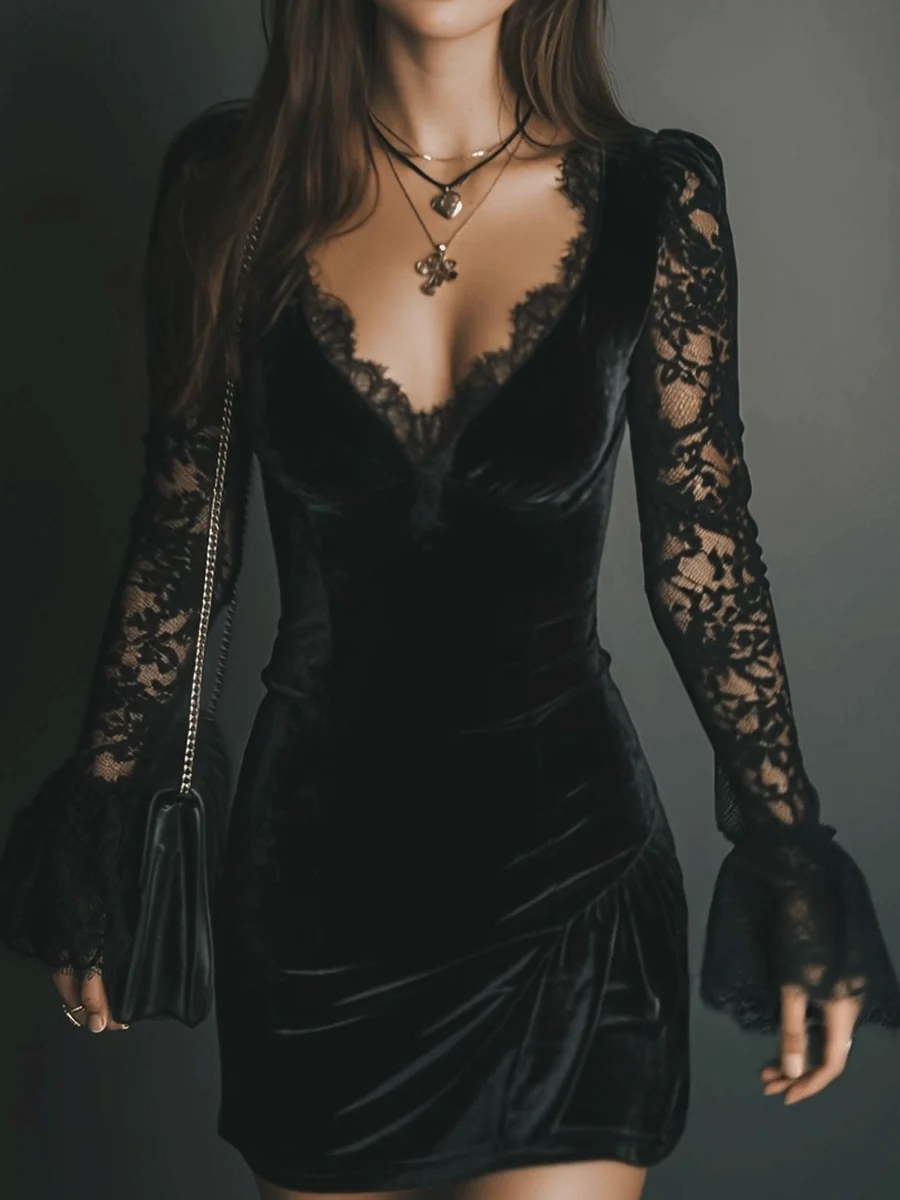 Lunori™ | Vestido mini de terciopelo y encaje Luna