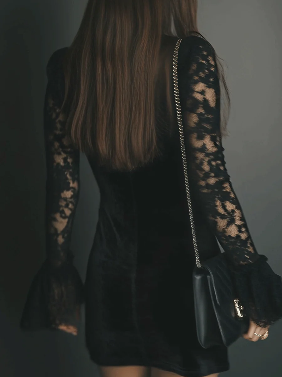 Lunori™ | Vestido mini de terciopelo y encaje Luna