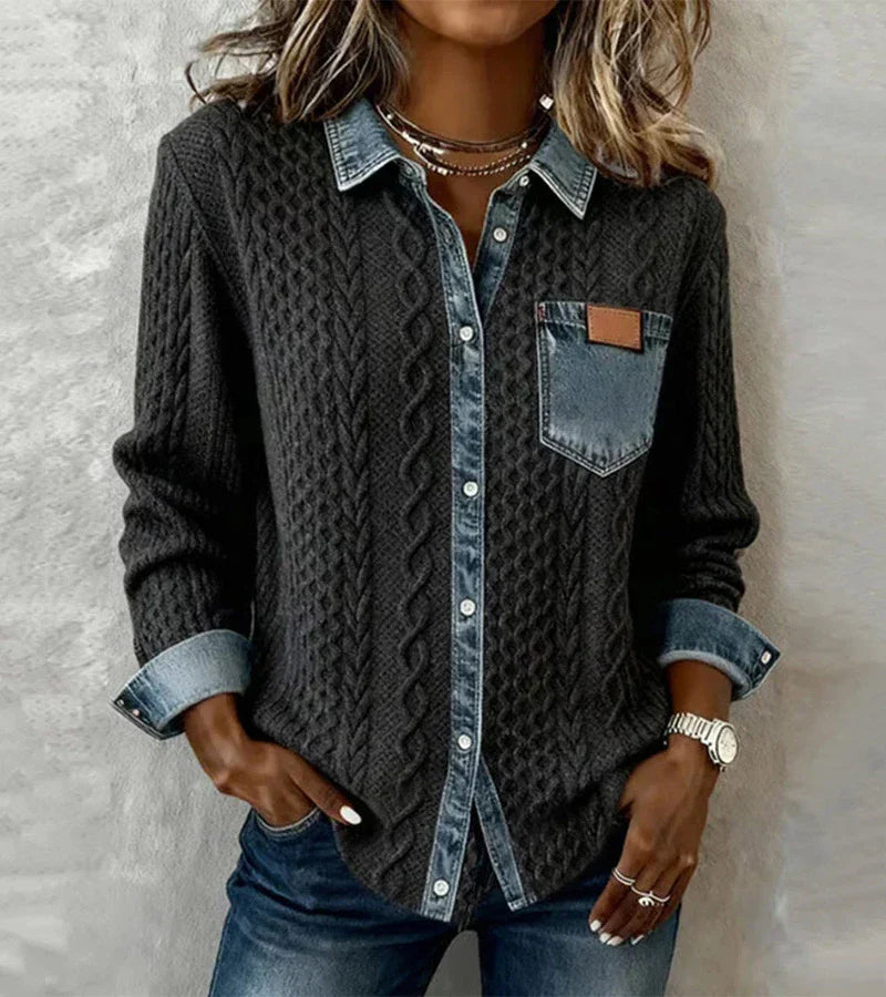 Ambra | Top de punto patchwork con detalles denim