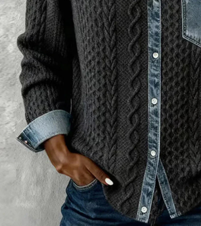 Ambra | Top de punto patchwork con detalles denim