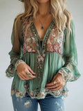 Blusa de Manga Larga Semitransparente con Estampado Floral y Escote en V