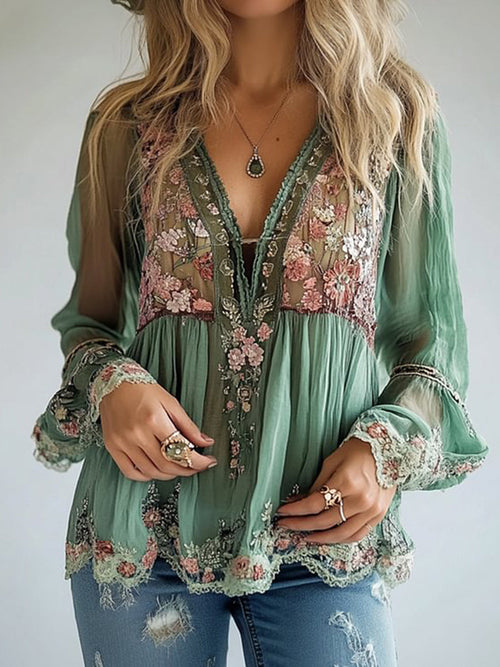 Blusa de Manga Larga Semitransparente con Estampado Floral y Escote en V