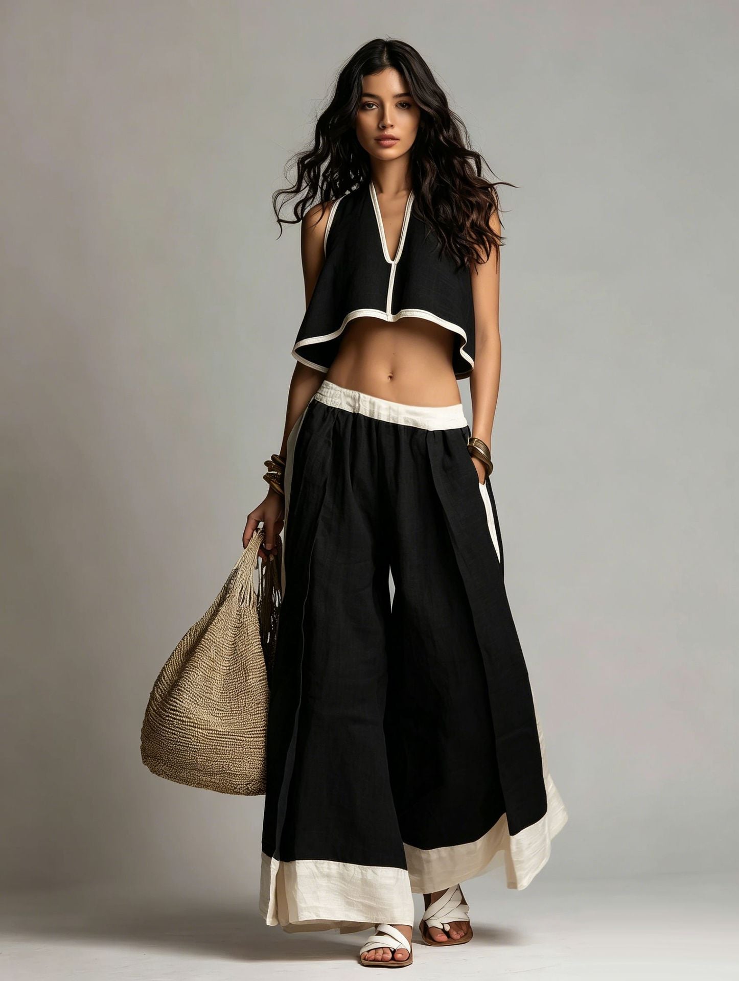 Conjunto de Dos Piezas sin Mangas con Escote en V – Outfit Casual en Color Liso