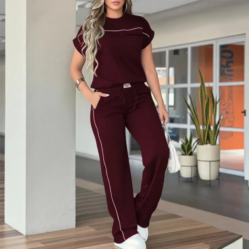 Conjunto Casual de Camiseta de Manga Corta y Pantalón Ancho para Mujer