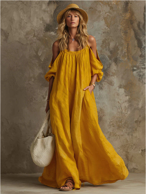 Vestido Caftán Maxi Largo con Hombros Descubiertos, Mangas Abullonadas y Bolsillos