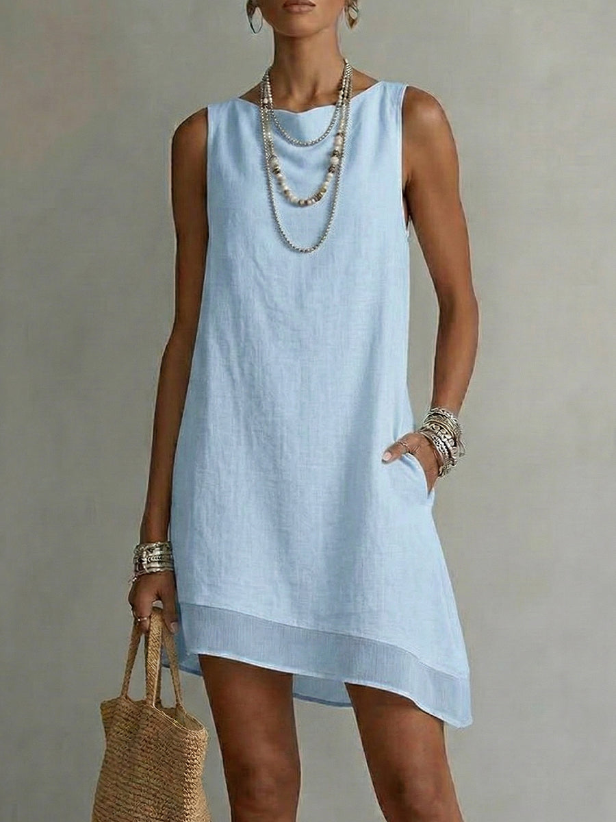 Vestido con Escote Barca, Sin Mangas y Falda Diagonal