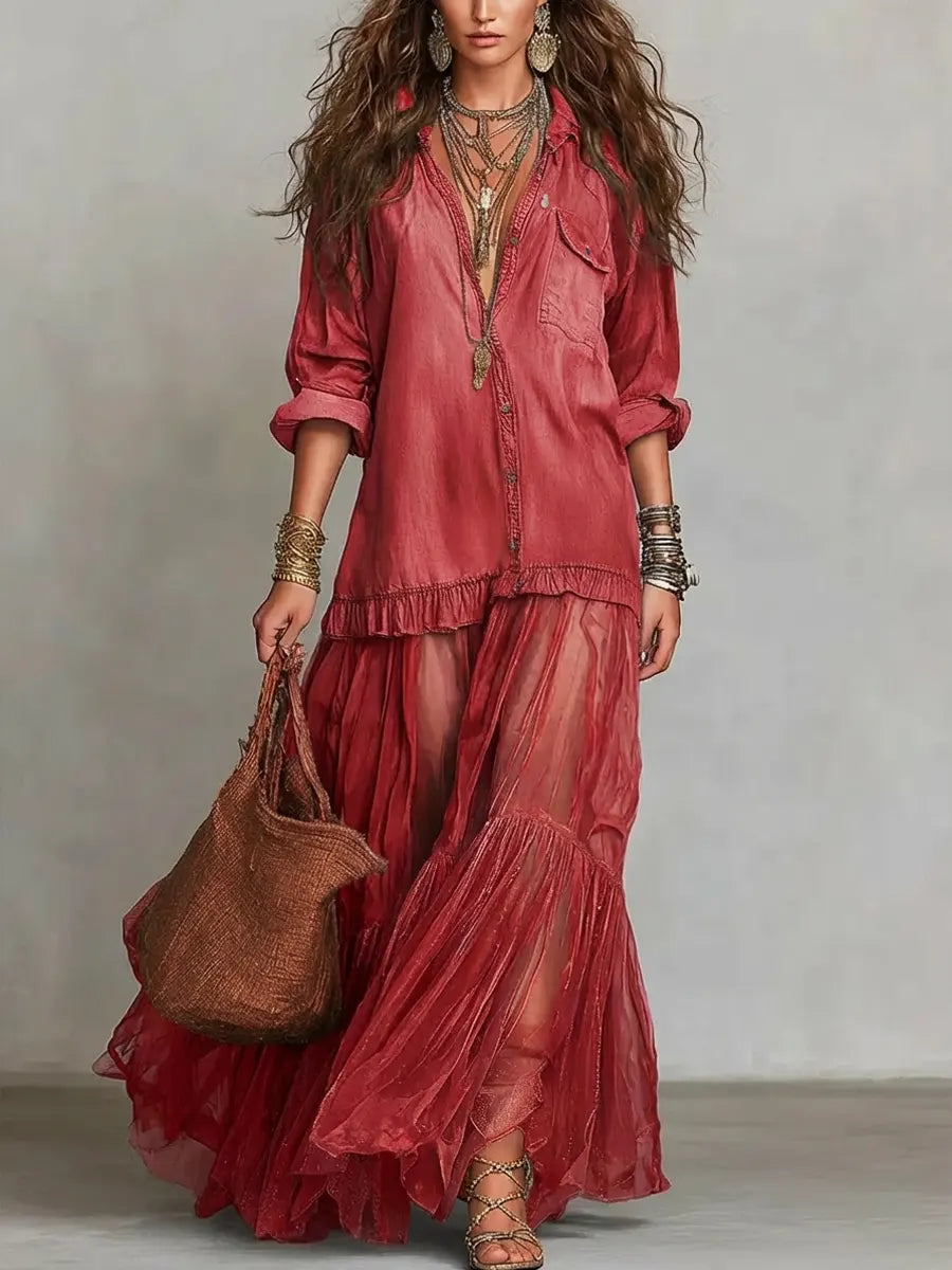 Vestido Maxi Casual con Solapa Retro, Parche de Denim y Organza