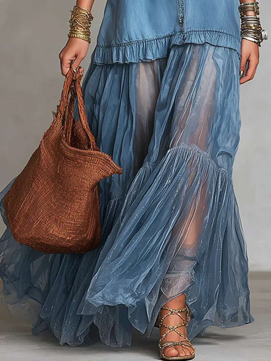 Vestido Maxi Casual con Solapa Retro, Parche de Denim y Organza
