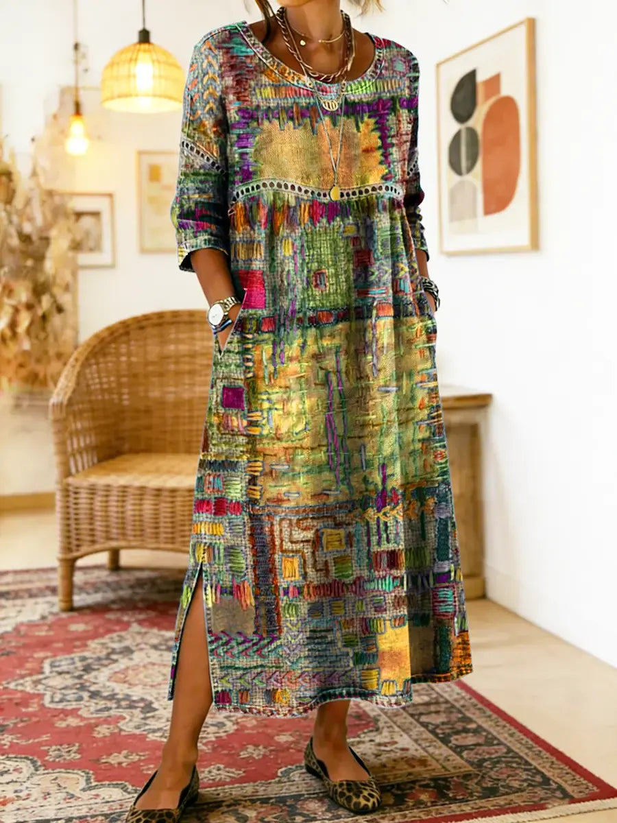 PROJECT MODA| Vestido Denim con Patchwork Étnico