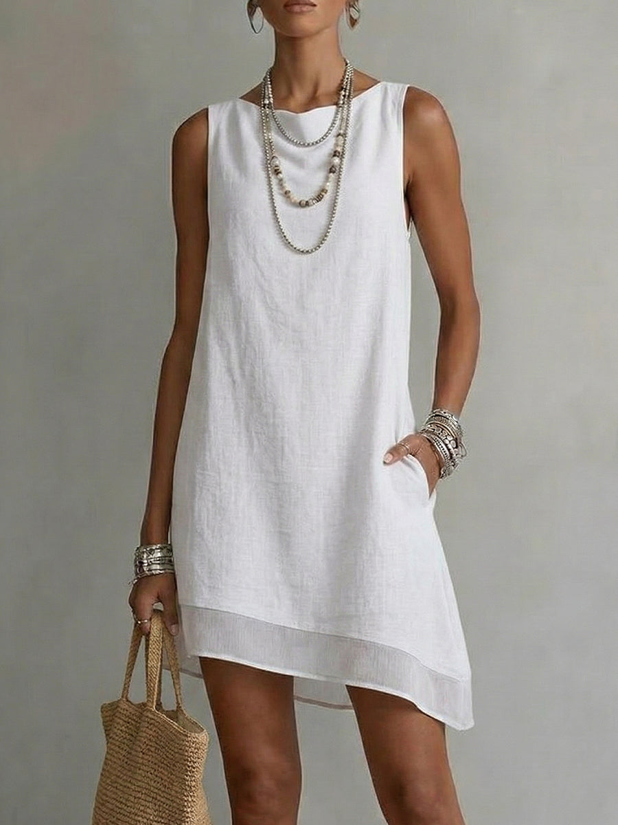 Vestido con Escote Barca, Sin Mangas y Falda Diagonal