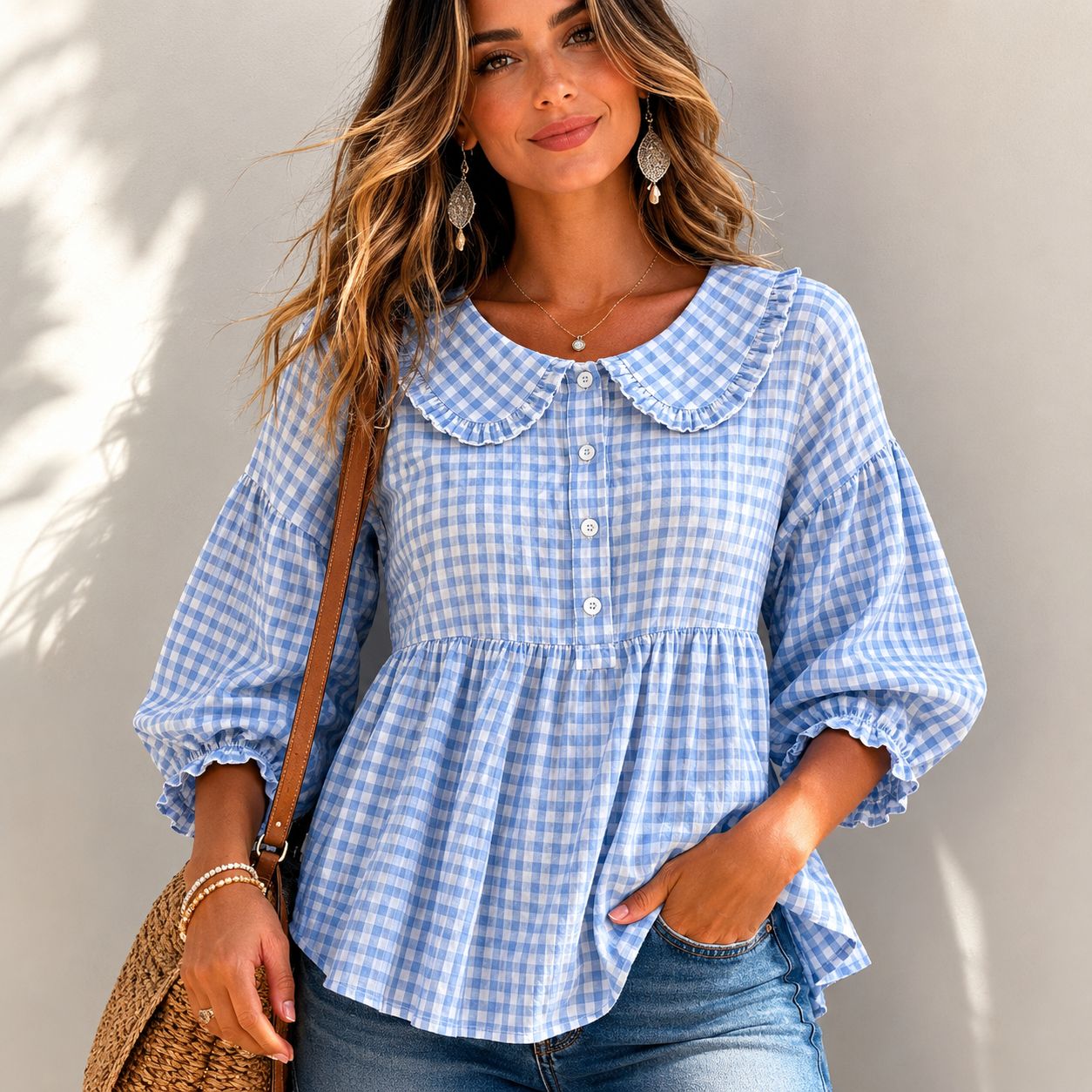 Nuevos Ingresos🔥Blusa Peplum de Manga Abullonada con Estampado Gingham para Mujer