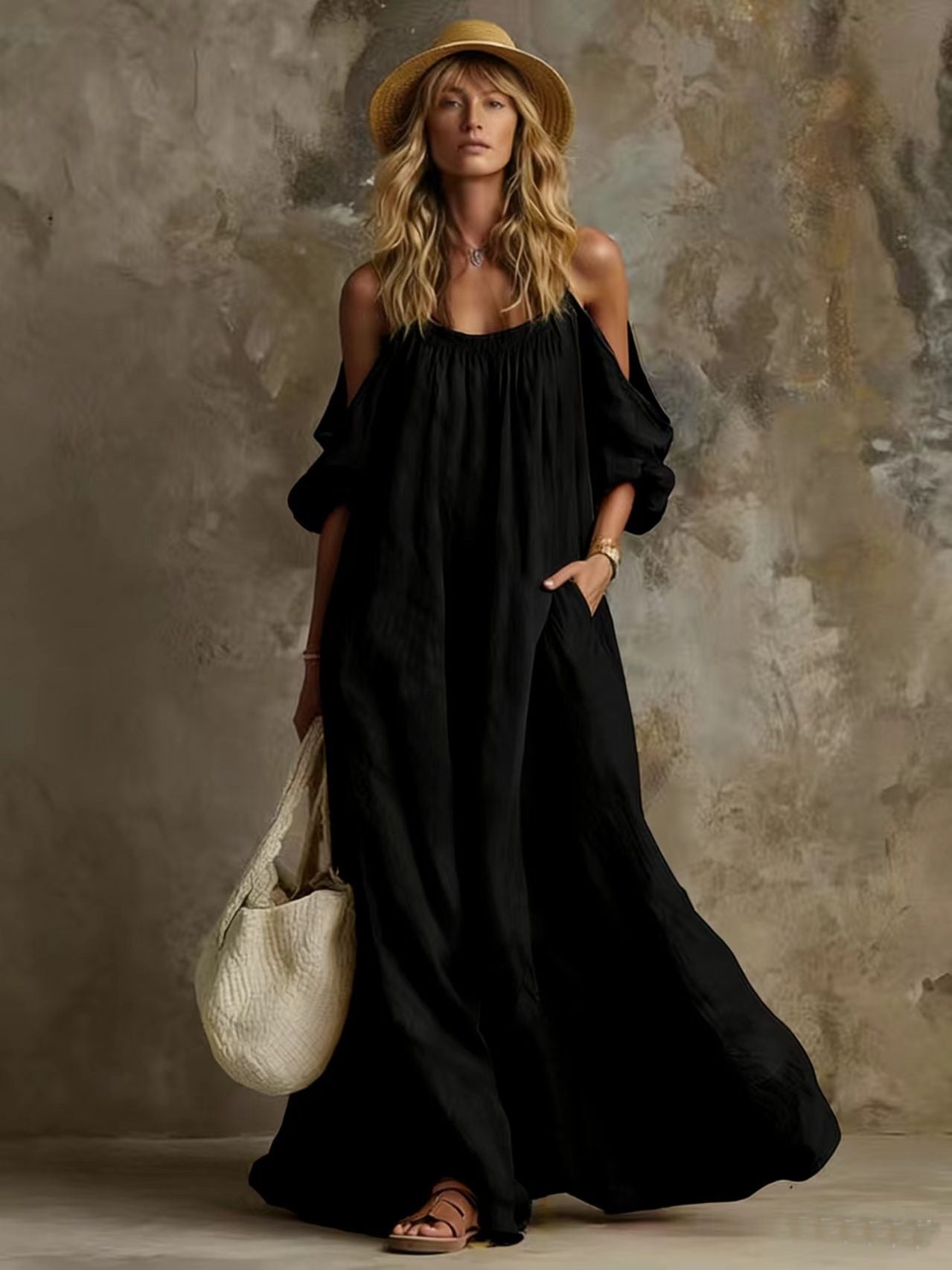 Vestido Caftán Maxi Largo con Hombros Descubiertos, Mangas Abullonadas y Bolsillos