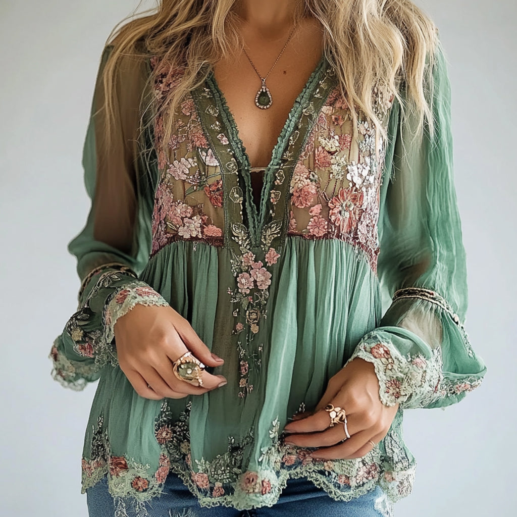 Blusa de Manga Larga Semitransparente con Estampado Floral y Escote en V