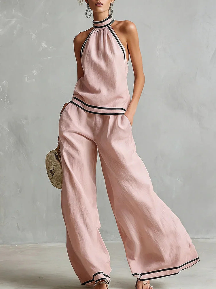Conjunto de Pantalón Ancho sin Mangas con Cuello Halter para Mujer