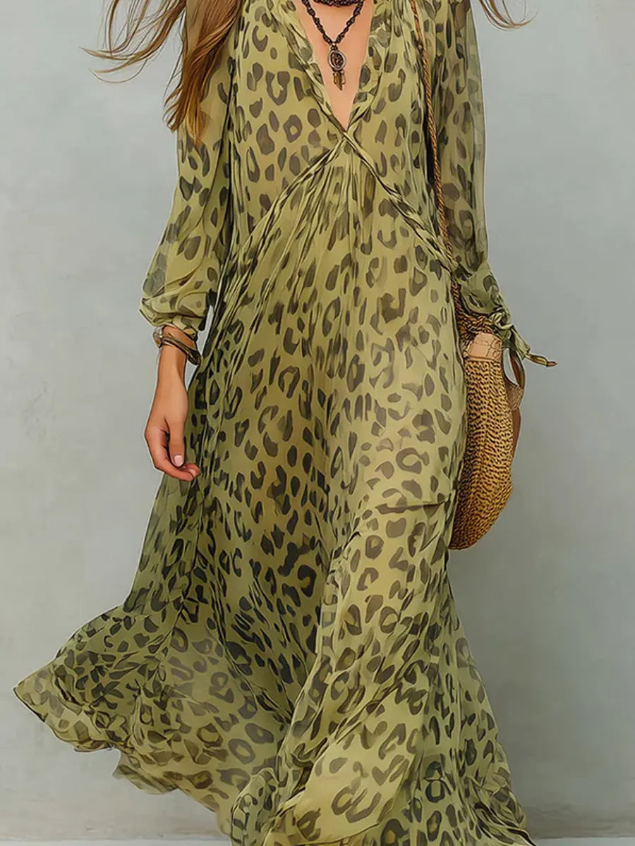 Vestido Maxi Casual Estampado Leopardo Retro para Mujer