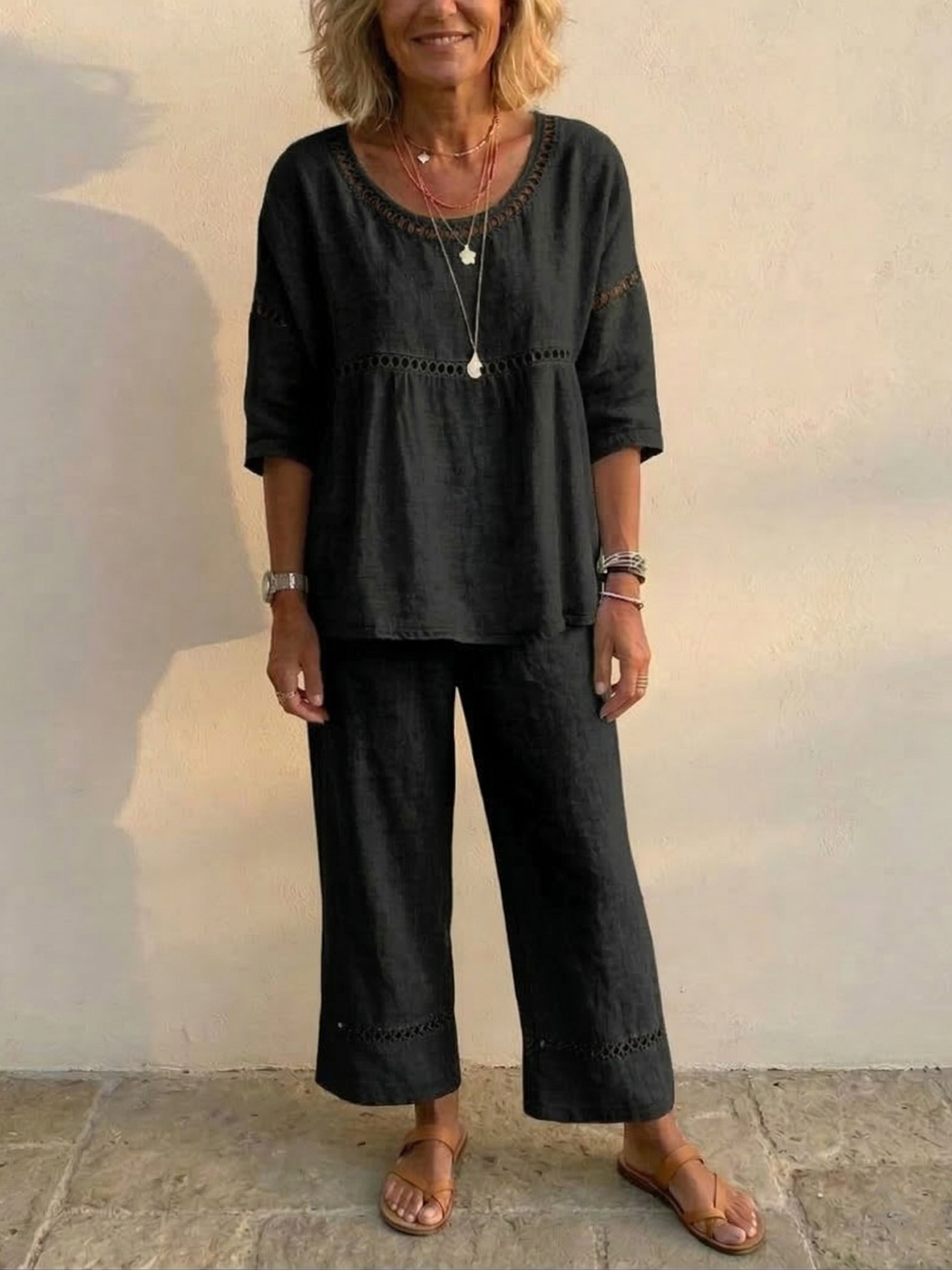 Conjunto de Dos Piezas de Lino Vintage Casual Holgado para Mujer