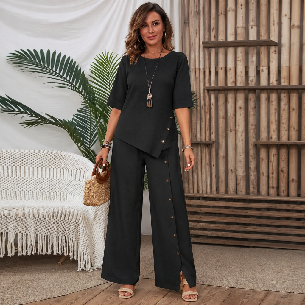 ⏳Oferta por Tiempo Limitado⏰ Conjunto de Dos Piezas para Mujer: Top con Dobladillo Irregular y Pantalón de Pierna Ancha