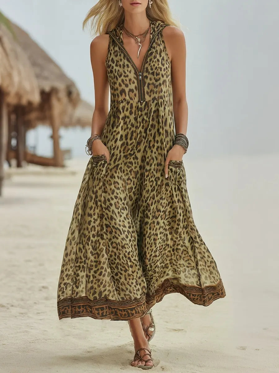 Vestido Midi con Capucha Estampado Leopardo Retro Casual para Mujer