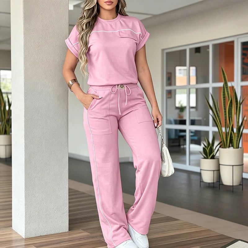 Conjunto Casual de Camiseta de Manga Corta y Pantalón Ancho para Mujer