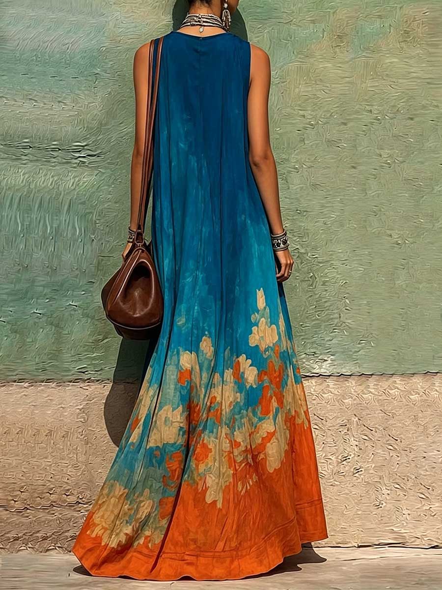 Vestido Casual Holgado de Algodón y Lino para Mujer — Escote en V sin Mangas con Estampado