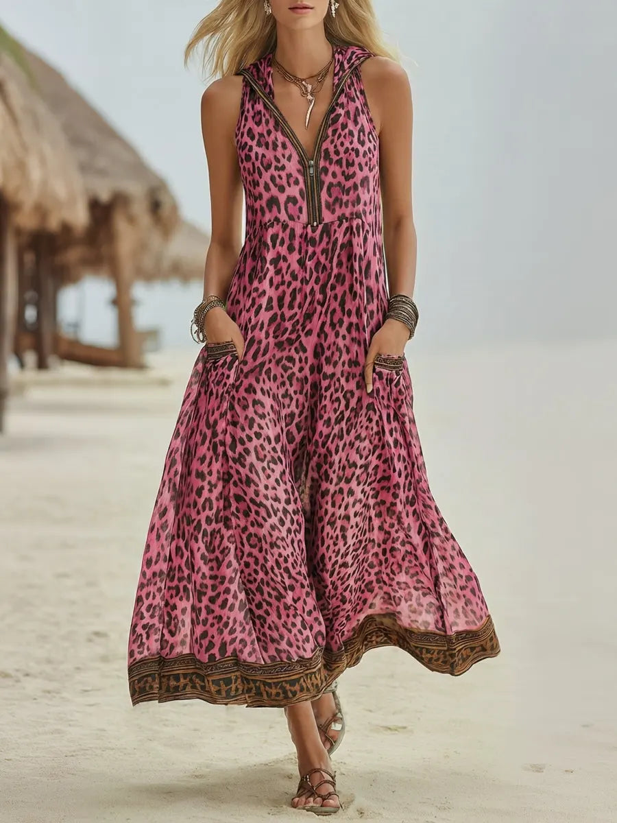 Vestido Midi con Capucha Estampado Leopardo Retro Casual para Mujer