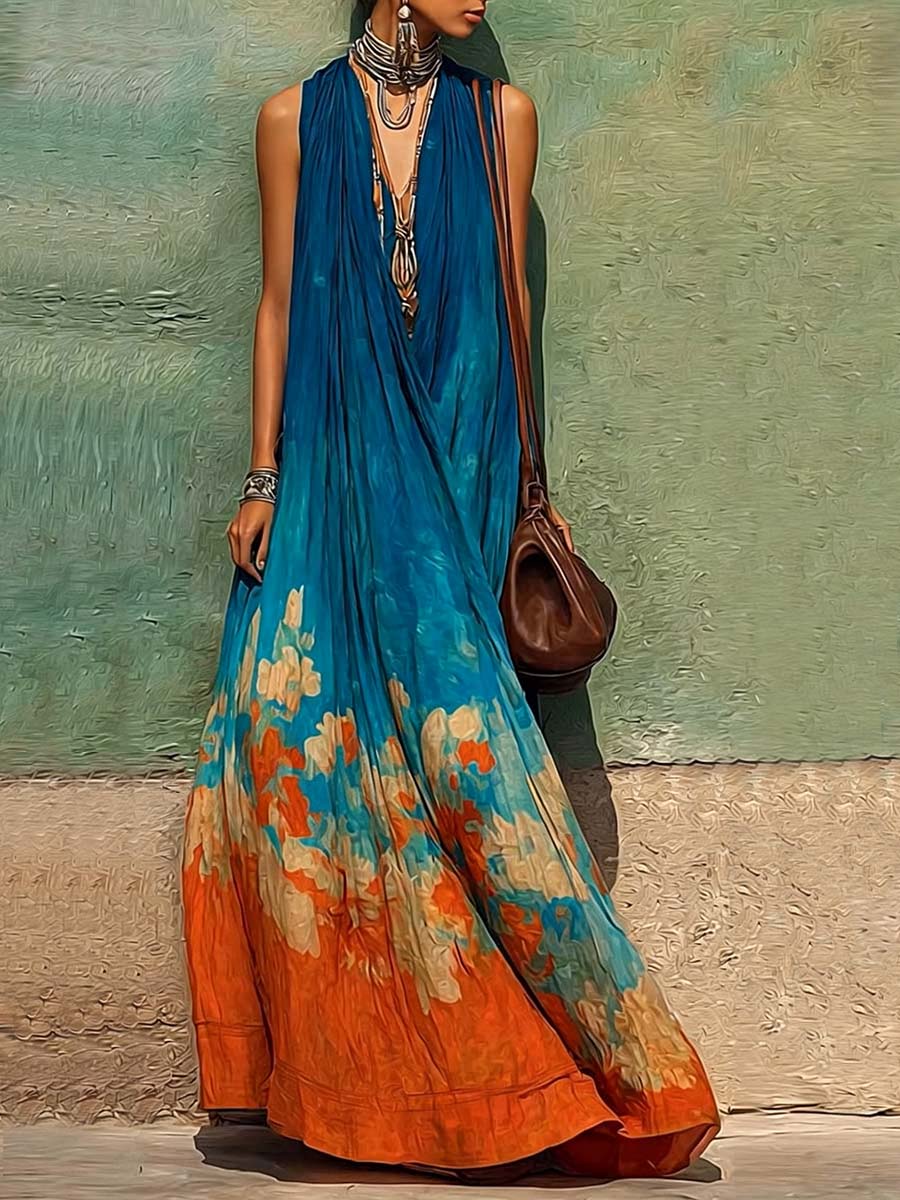 Vestido Casual Holgado de Algodón y Lino para Mujer — Escote en V sin Mangas con Estampado