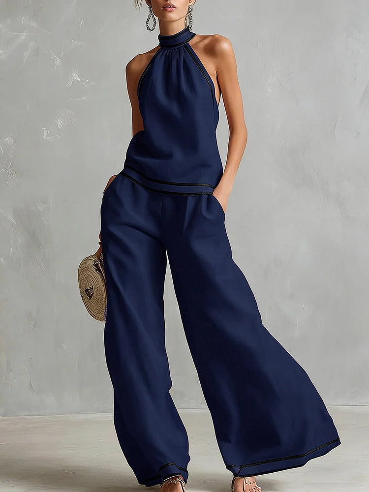 Conjunto de Pantalón Ancho sin Mangas con Cuello Halter para Mujer