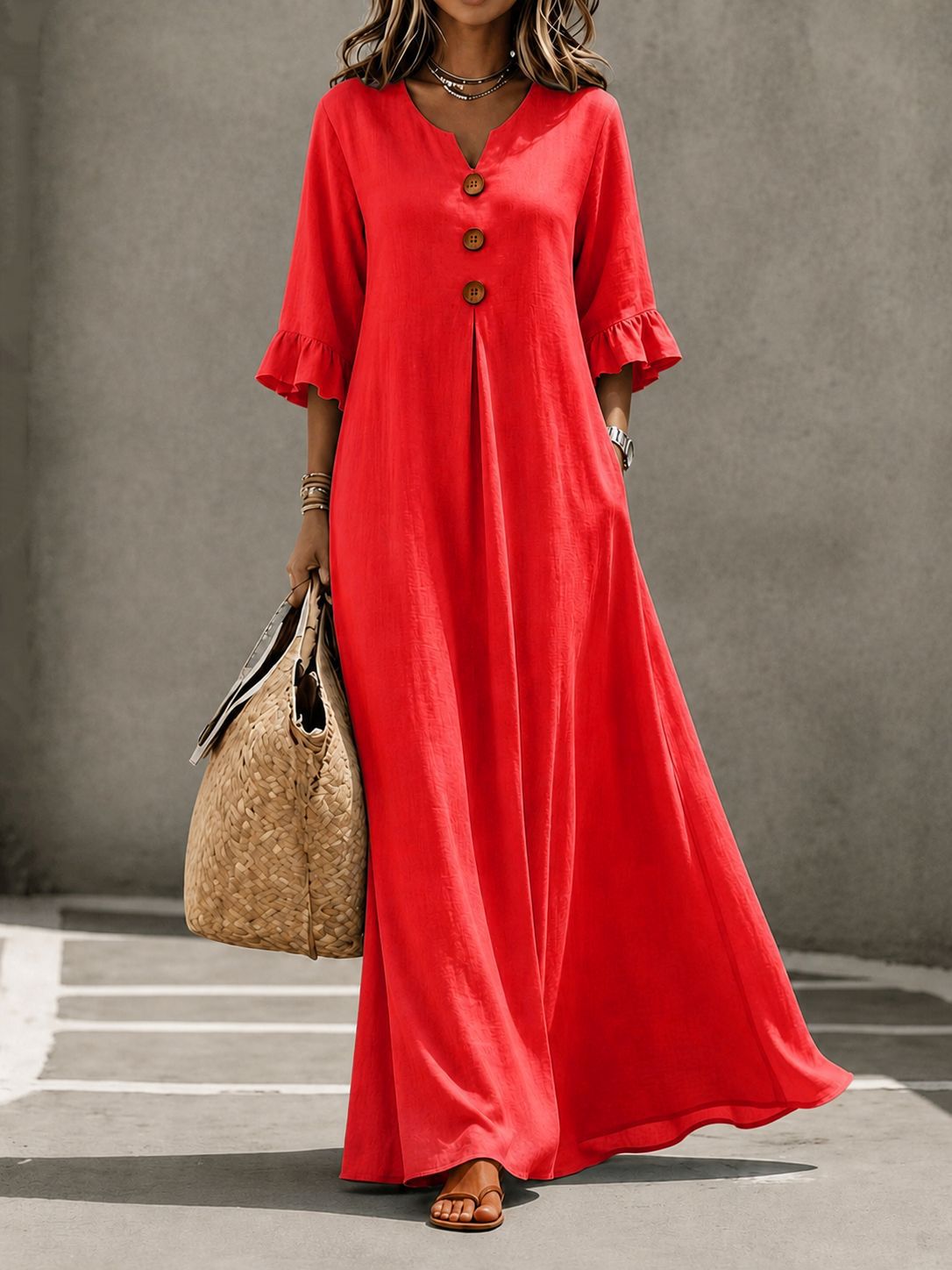 Vestido Maxi de Lino con Escote en V y Mangas con Volantes