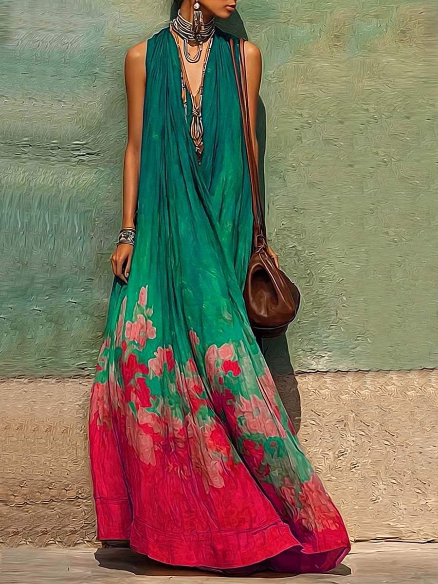 Vestido Casual Holgado de Algodón y Lino para Mujer — Escote en V sin Mangas con Estampado
