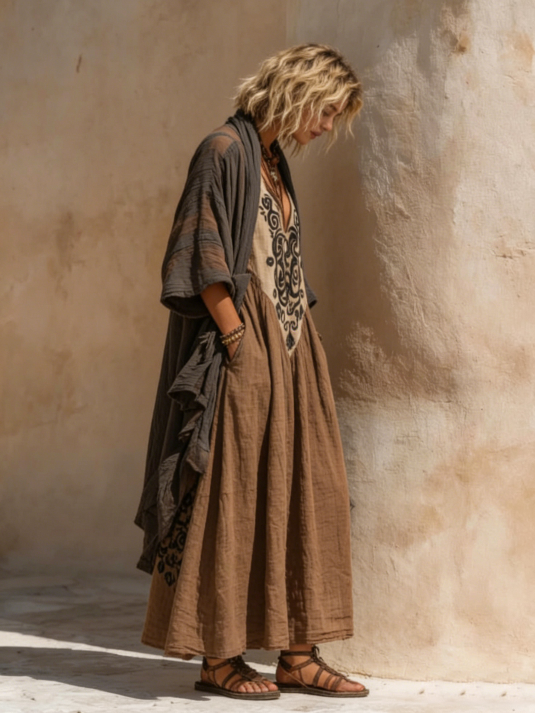 Conjunto de Dos Piezas Boho Retro Holgado de Lino y Algodón