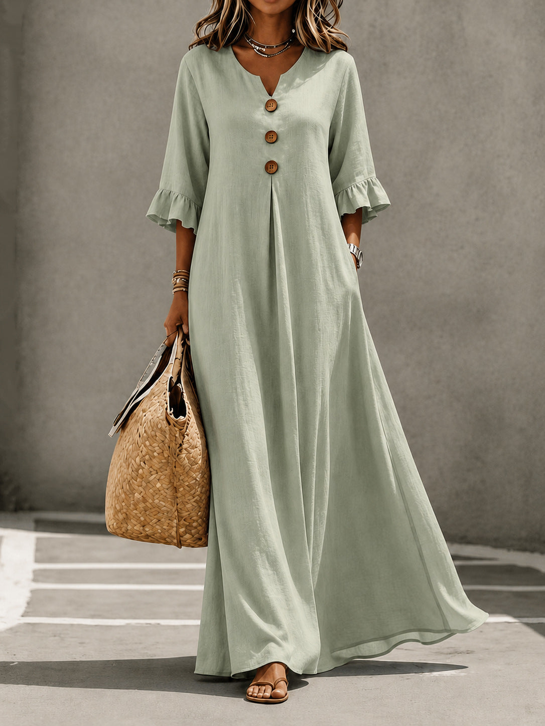 Vestido Maxi de Lino con Escote en V y Mangas con Volantes