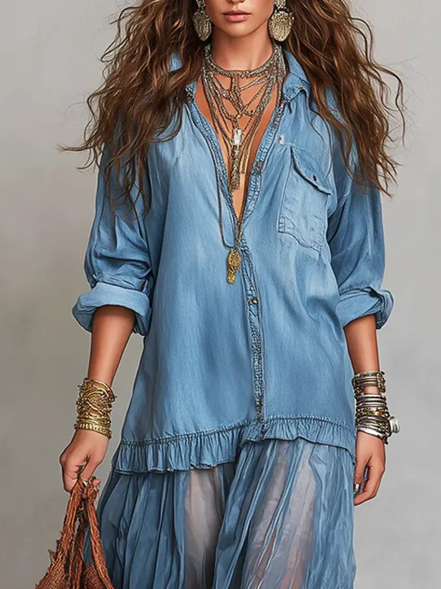 Vestido Maxi Casual con Solapa Retro, Parche de Denim y Organza