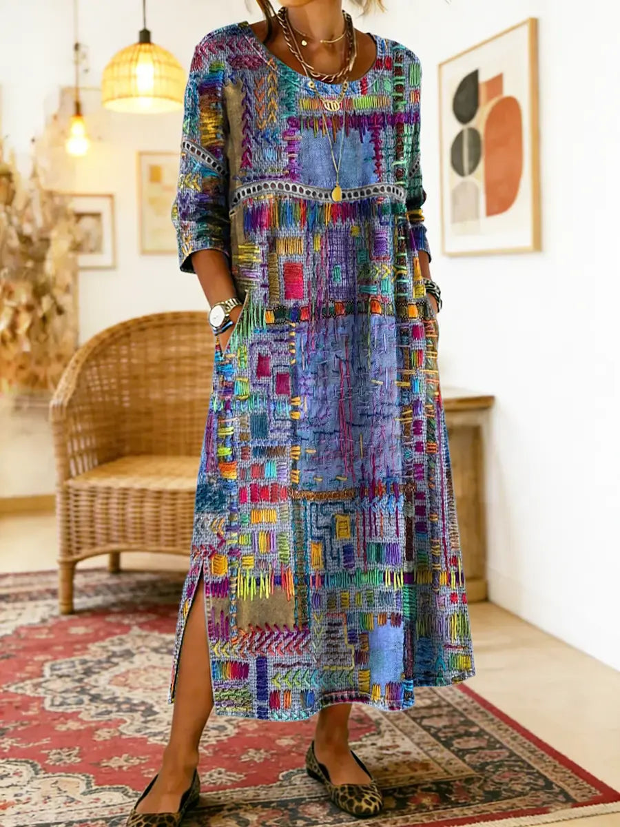 PROJECT MODA| Vestido Denim con Patchwork Étnico