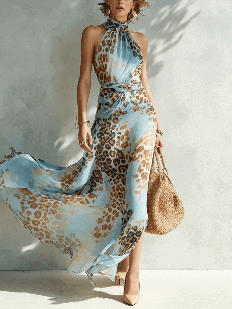Vestido Maxi de Gasa con Estampado de Leopardo Azul