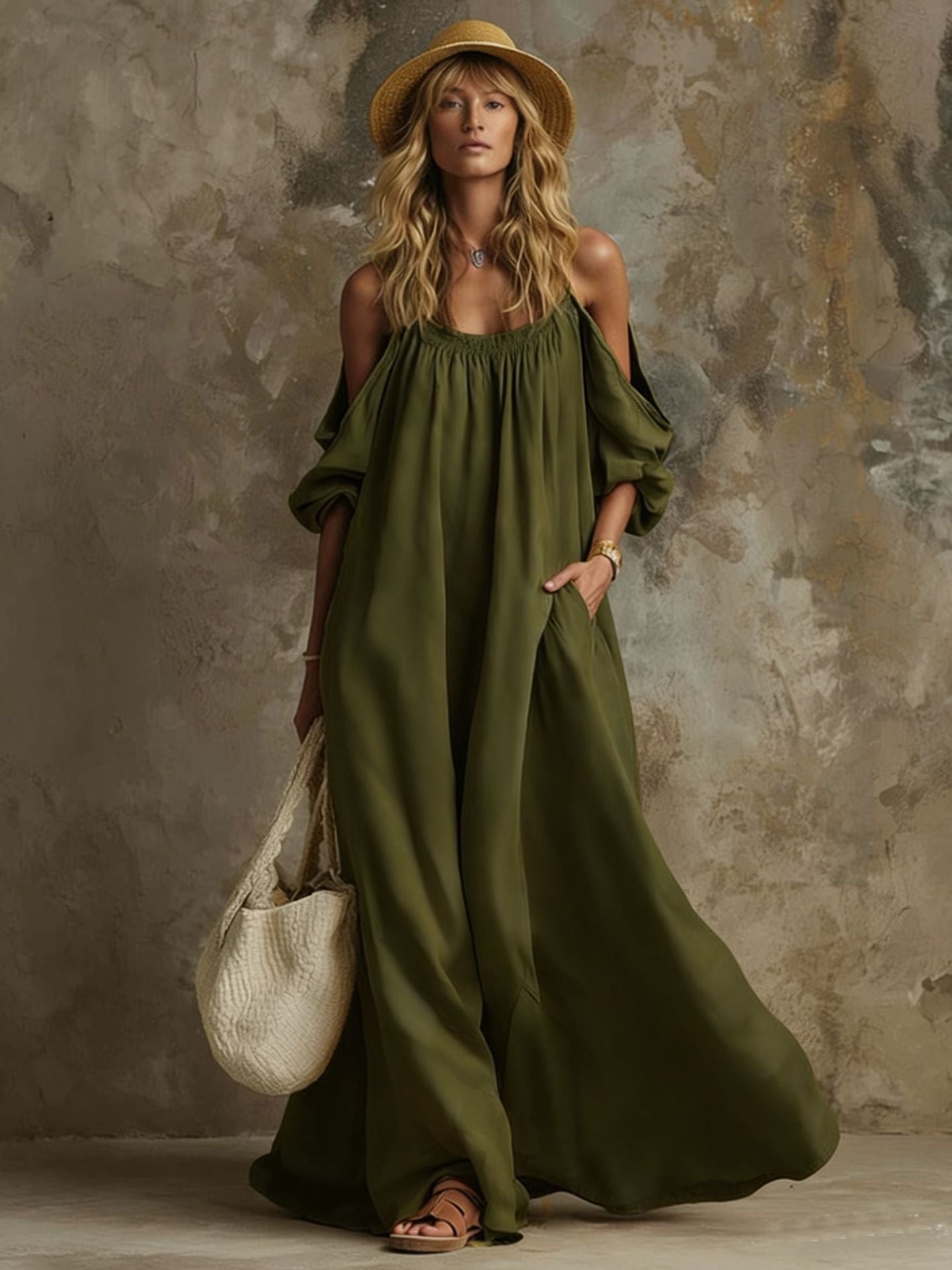 Vestido Caftán Maxi Largo con Hombros Descubiertos, Mangas Abullonadas y Bolsillos