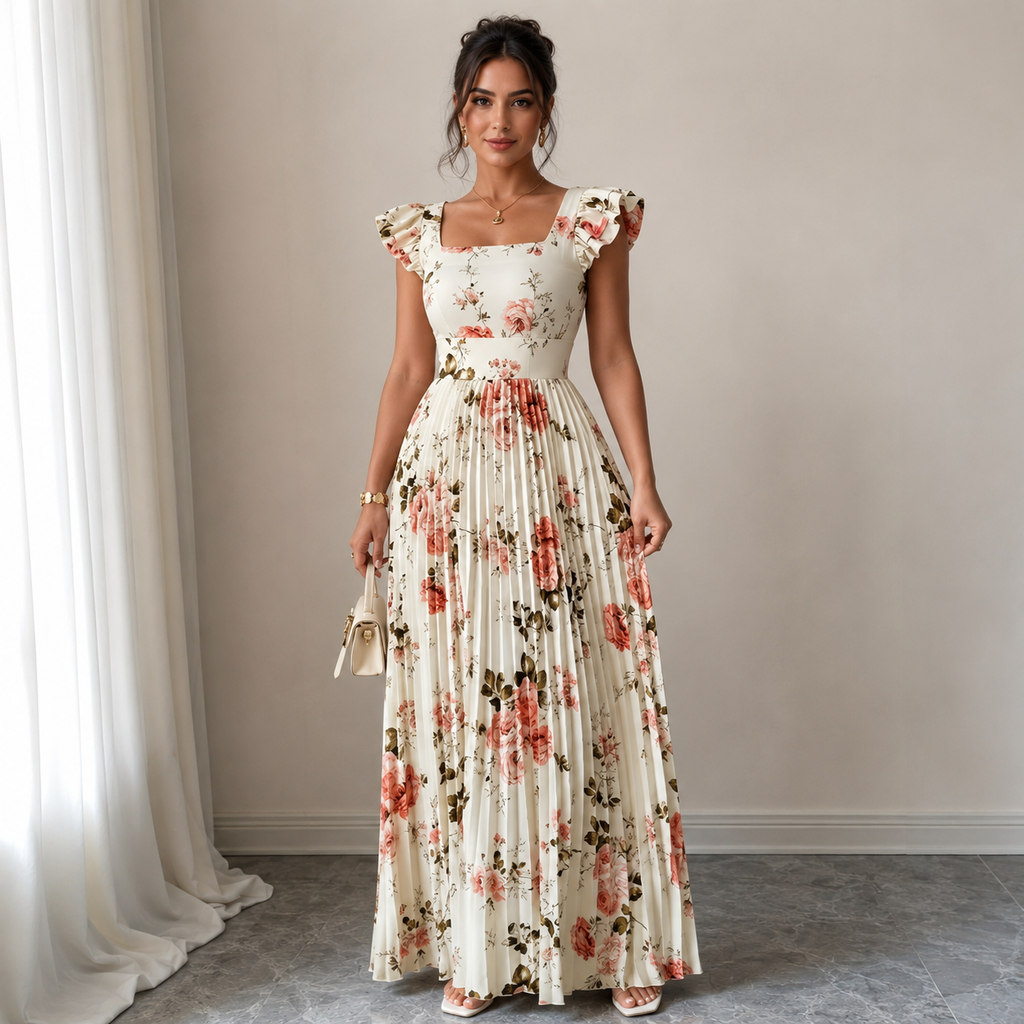 Elegante vestido midi plisado floral beige con cuello cuadrado