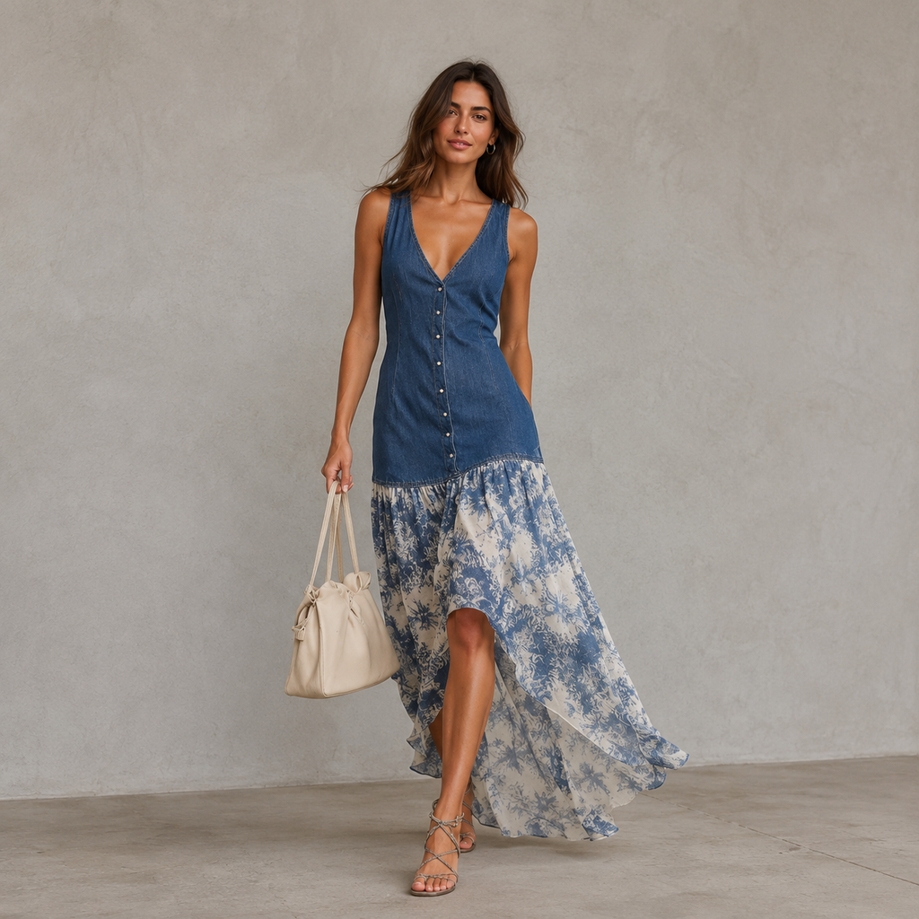Vestido Maxi de Gasa con Estampado de Mezclilla Estilo Boho para Mujer, Sin Mangas, Cuello en V, Botones al Frente