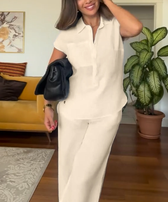🌷Último día 50% DE DESCUENTO🔥 Conjunto de Dos Piezas para Mujer: Camisa Casual de Lino y Pantalón de Pierna Ancha (Compra 2 y Envío Gratis)