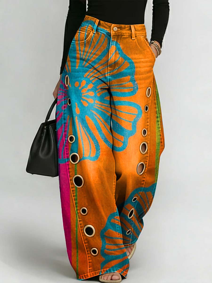 Pantalones Vaqueros Huecos de Denim Casual con Estampado Floral Retro para Mujer