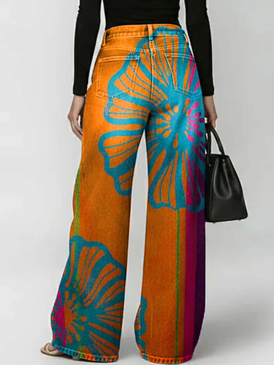 Pantalones Vaqueros Huecos de Denim Casual con Estampado Floral Retro para Mujer
