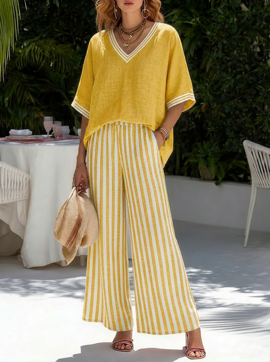 Amélia | Conjunto Rayado de Lino y Algodón Elegante y Casual