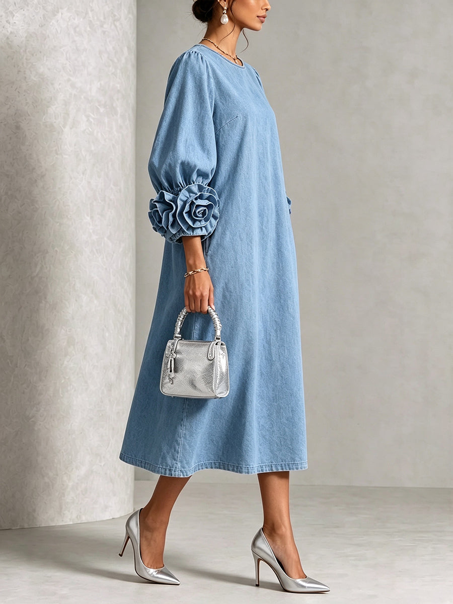 💛Chic Chambray Denim 3D Rosette Sleeve Midi Dress