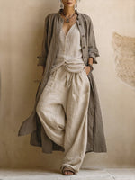 Conjunto 3 piezas estilo bohemio casual: cárdigan largo, top sin mangas y pantalón de lino y algodón
