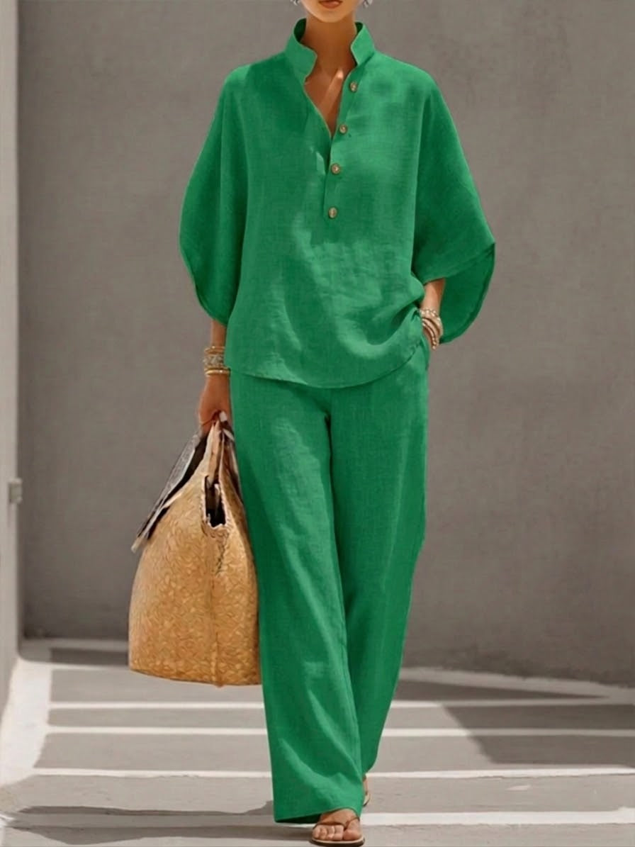 Mariel | Conjunto de Algodón y Lino Manga Murciélago Pantalón Ancho