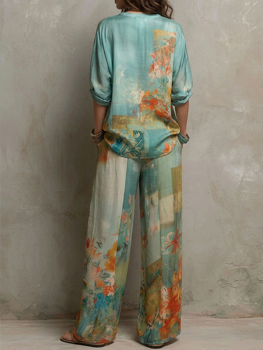 Chiara | Set elegante estampado floral con pantalón ancho