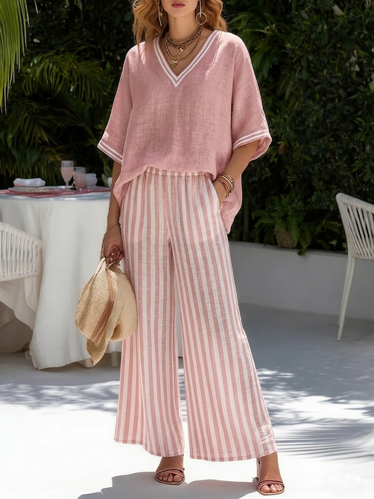 Amélia | Conjunto Rayado de Lino y Algodón Elegante y Casual