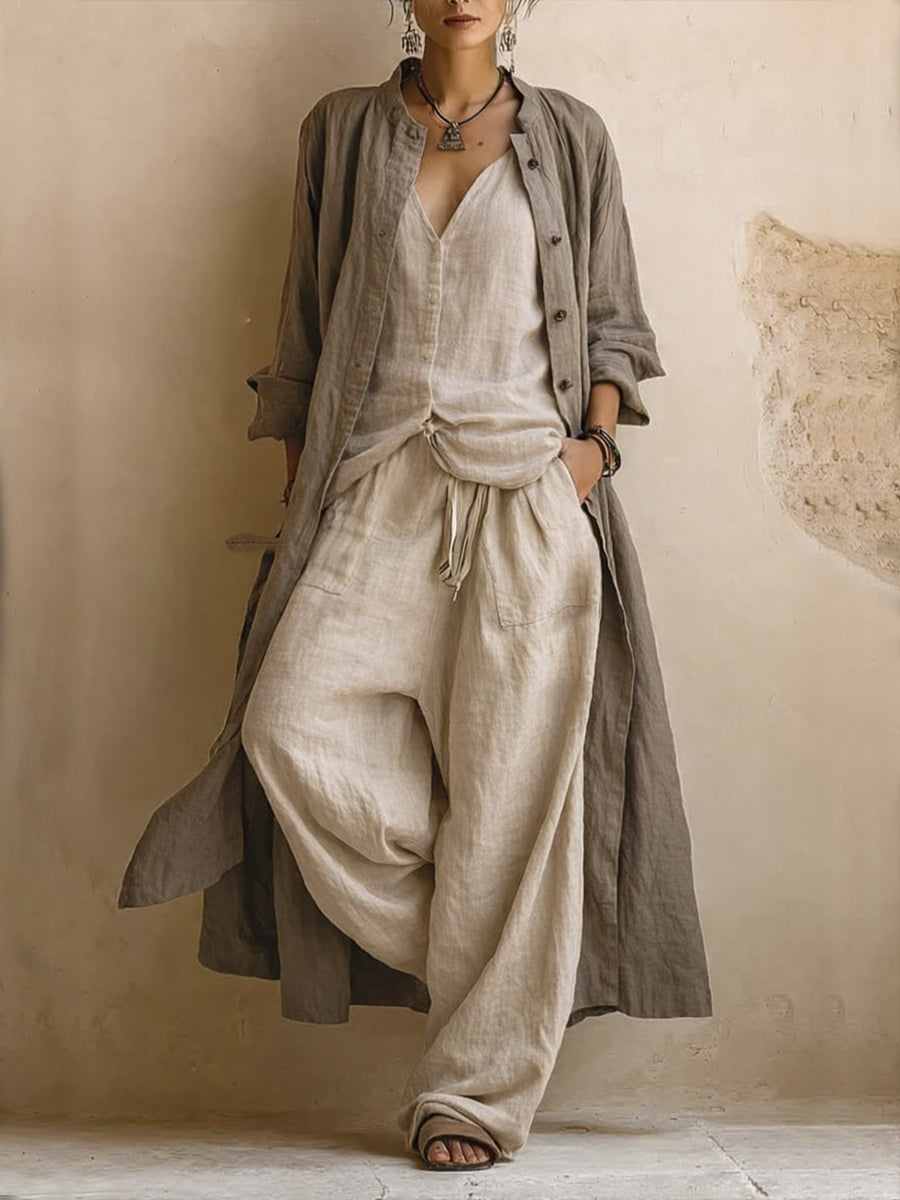 Conjunto 3 piezas estilo bohemio casual: cárdigan largo, top sin mangas y pantalón de lino y algodón