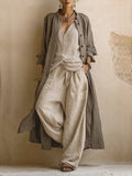Conjunto 3 piezas estilo bohemio casual: cárdigan largo, top sin mangas y pantalón de lino y algodón