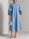 💛Chic Chambray Denim 3D Rosette Sleeve Midi Dress