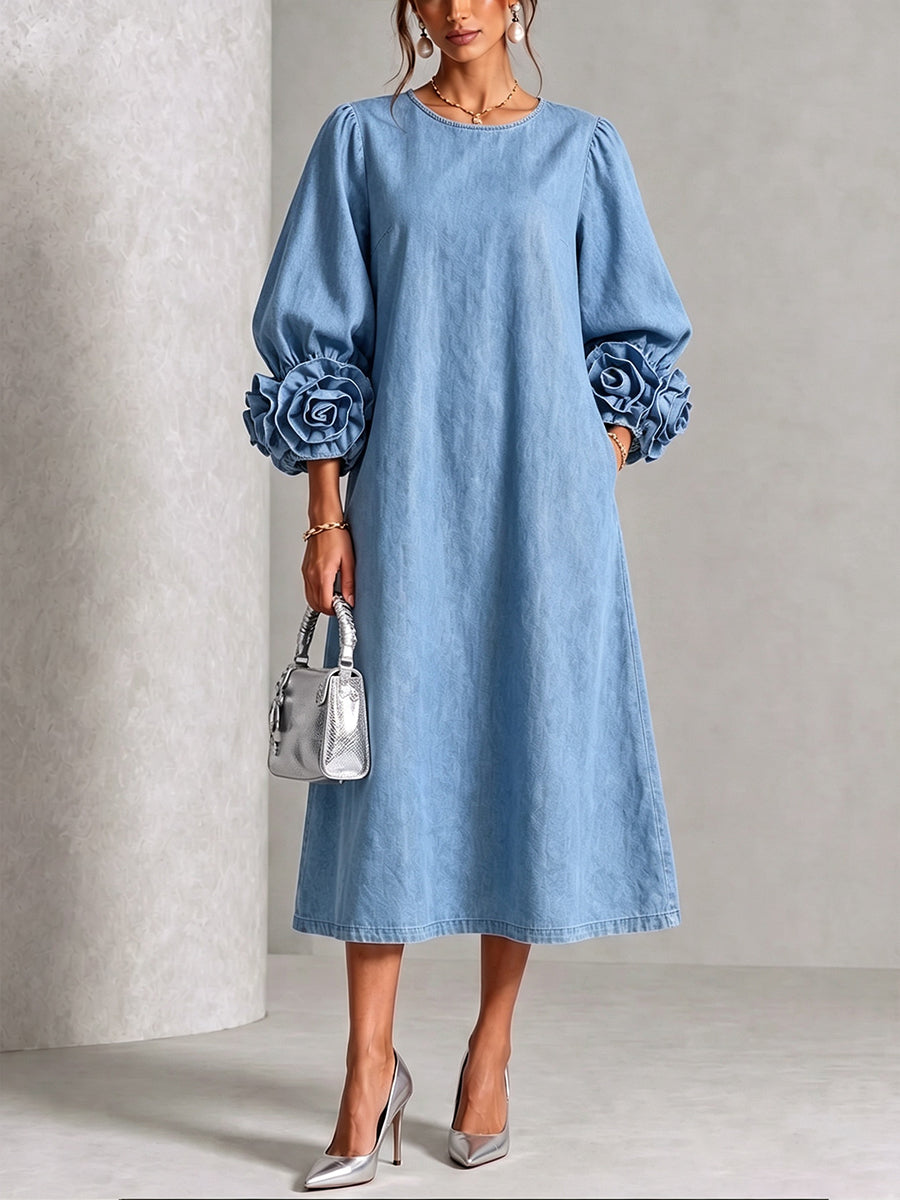 💛Chic Chambray Denim 3D Rosette Sleeve Midi Dress